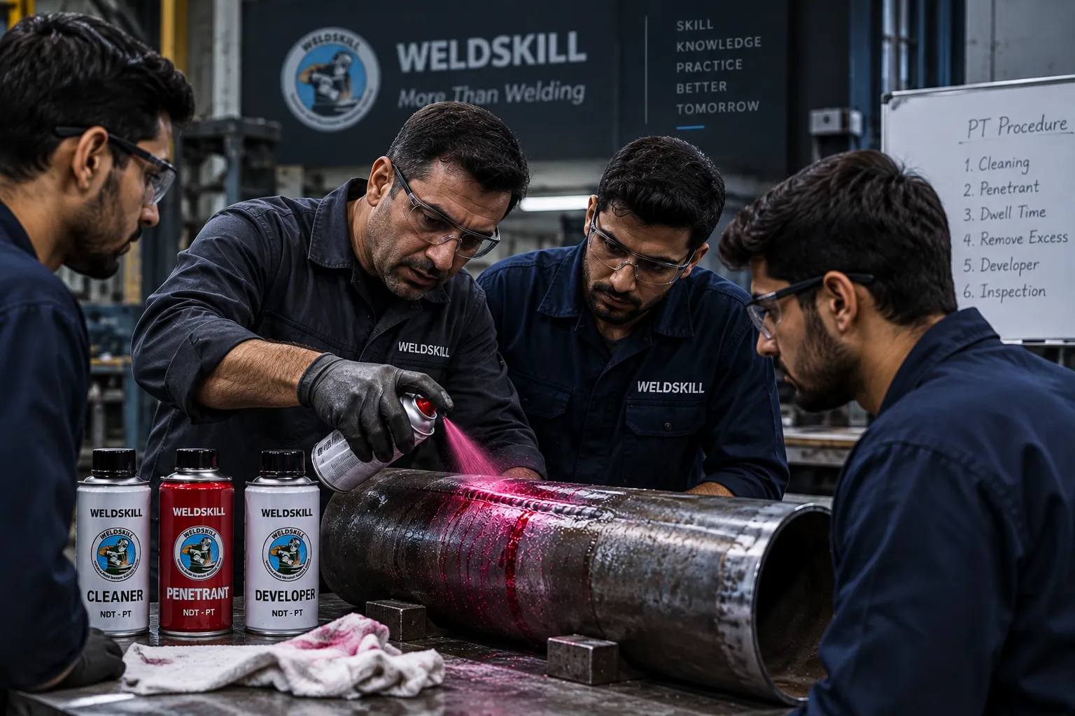 آموزش عملی و کارگاهی بازرسی PT در آموزشگاه Weldskill